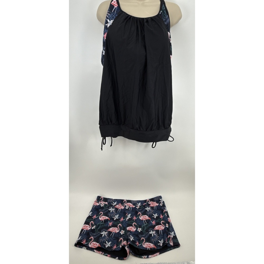 Flamingo Tankini Swimsuit Blouse/‎ Bottom Womens Size 22 Black Blue Floral
